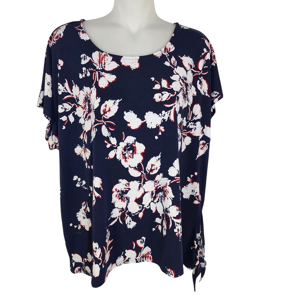 Chico's Top Womens Size 2 Large Blue Floral Blouse Tie Front Side Costal Grandma